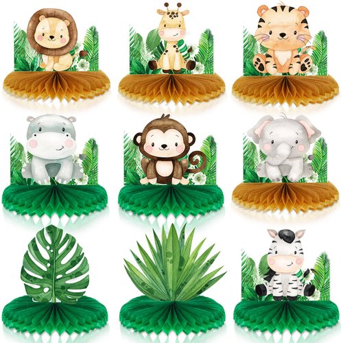 Leinuosen 9 Pcs Baby Jungle Animals Honeycomb Centerpieces Safari Baby Shower Decorations Jungle Safari Sage Green Themed Birthday Party Supplies for Boys Kids Baby Shower Nursery Party Decor