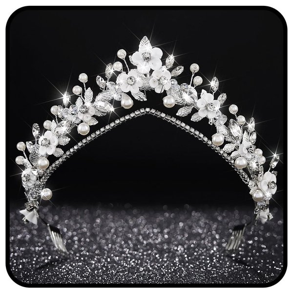 Banatra Flower Bride Wedding Tiaras and Crowns Silver Rhinestone Headband Pearl Leaf Bridal Headwear for Women and Girls