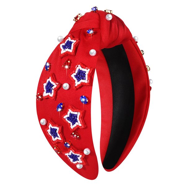4th of July Headbands for Women American Flag Headband Patriotic Red Blue White Star Knotted Headband Embellished Rhinestone Wide Top Knot Headband 4th of July Hair Accessories Outfits Gifts (Red)