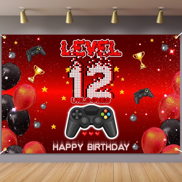 Level 12 Unlocked Backdrop Banner Decorations Video Game On Happy 12th Birthday for Boys Kids Red and Black 12 Years Old Level Up Theme Bday Background Photography Party Decor Sign Supplies