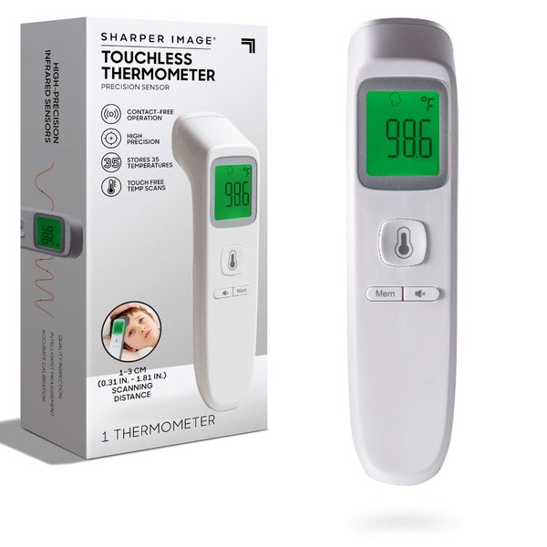 SHARPER IMAGE Digital Touchless Smart Forehead Thermometer, High-Precision Infrared Sensors, Stores 35 Readings, Touch-Free Temp Scans, Battery Powered, Built-in LED Glow Light