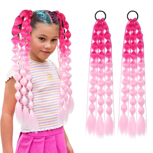 Colored Hair Extensions, Behufun 2Pcs 20" Lightweight Colored Hair Extensions for Kids Bubble Ponytail Extension with Hair Tie, Ombre Crazy Hair Day Accessories for Girls Festival Rave B40