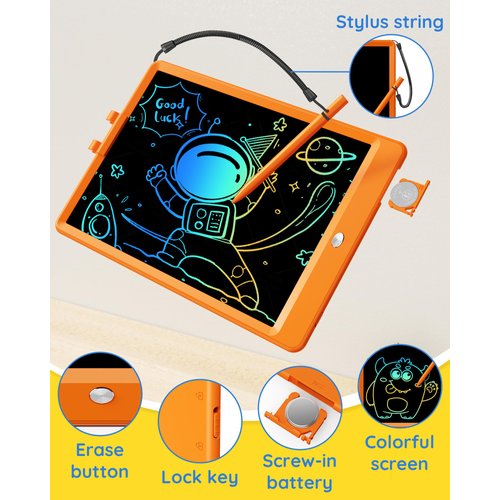 TEKFUN Toys for Girls Boys 10In LCD Writing Tablet, Magic Doodle Board with Anti-Lost Stylus, Mess Free Coloring for Toddlers Drawing Pad, Toddler Travel Car Plane Trip Toys Gifts (Orange)