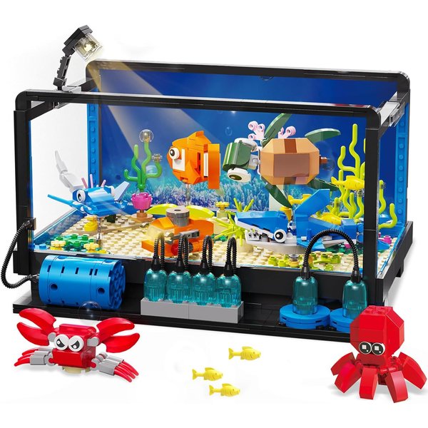Fish Tank Building Set,Compatible with Lego Aquarium Including Marine Life Animals,Creative Lighting Fish Tank with Submarine Educational Building Toys for Kids 6-12(625Pieces)