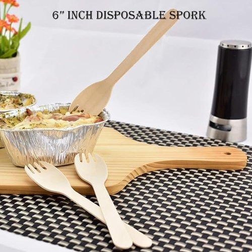 Disposable Eco Friendly Wooden 16 cm Spork Dual Purpose 2 in 1 Spoon Fork (Wood, Pack of 100)