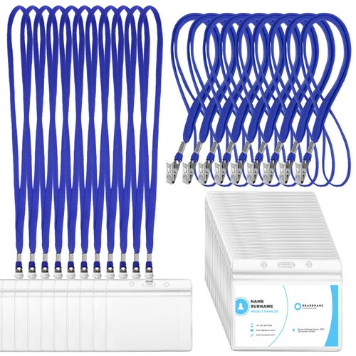 100 Sets Clear Name Tags with Lanyard, Lanyards for Id Badges Reusable Lanyard with ID Holder Plastic Name Badges with Lanyards for Adults Kids Business School Church Conferences (Blue)