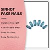SINHOT French Tip Press on Nails Long Square Fake Nails Blue Chrome Acrylic Nails Glossy Glue on Nails Squoval Artificial Nails Stick on False Nails with Design 24 pcs