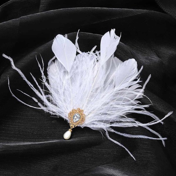 GENBREE 1920s Flapper Headband White Feather Hair Clip Rhinestone Gatsby Feather Headpiece Pearl Cocktail Hair Accessories for Women and Girls