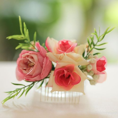 Fangsen Wedding Boho Pink Rose Flowers Floral Comb With Hair Clip Hair Accessories Floral Hair Headpiece