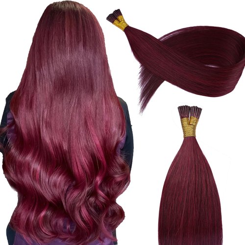KiiKiiGirl Virgin Remy I Tip Hair Extensions - Human Hair #99J Wine Red Real Itip Human Hair Extensions 14Inch I Tips Human Hair Extensions Invisible 50G/Pack