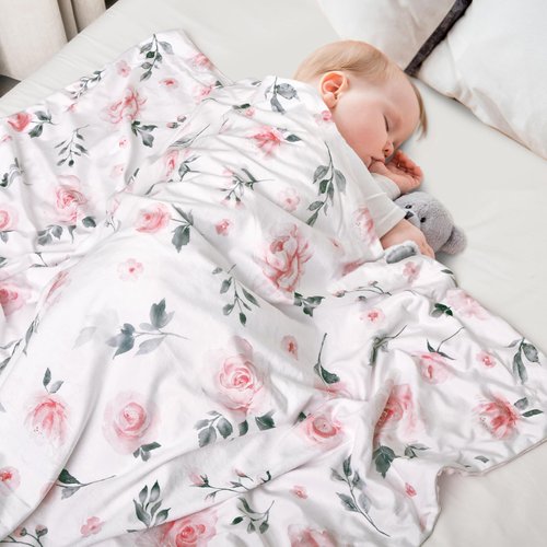 david's kids Minky Baby Blanket for Girls, Soft Lightweight Micro Fleece Blanket with Double Layer, Dotted Backing, Breathable Receiving Blanket for Newborns, 30x40 Inches, Floral Flowers
