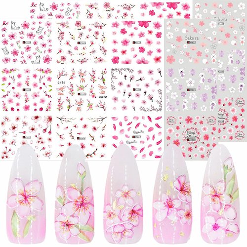 Pink Flowers Nail Stickers Pink Cherry Blossoms Decals with Tree Leaves and Animal Nail Art Sliders for Nail Art Decoration Watermark Designs Foil Nail Art Decals Manicure Tips Decorations (2 Pink)