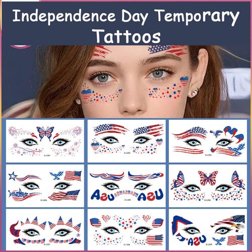 VICIYOO 4th of July Temporary Tattoos 10 Sheets Independence Day Face Tattoos American Flag Butterfly Heart Shapes Tattoo Stickers Patriotic Fake Tattoos for Adults Kids Party Supplies