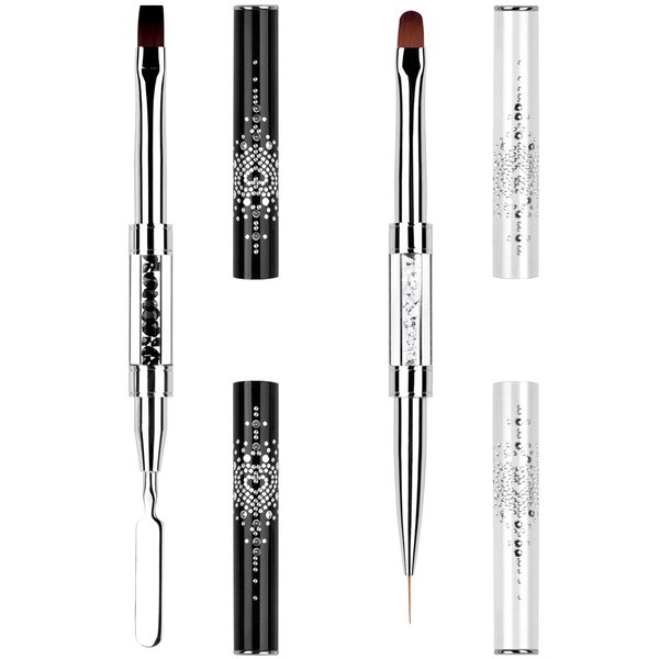 LEQ 2Pcs Nail Art Brush Set, Dual-ended Oval & Flat Gel Nail Polish Brushes Nail Art Liner Brush Polygel Slice Tool for PolyGel UV Builder Gel Nails Extension