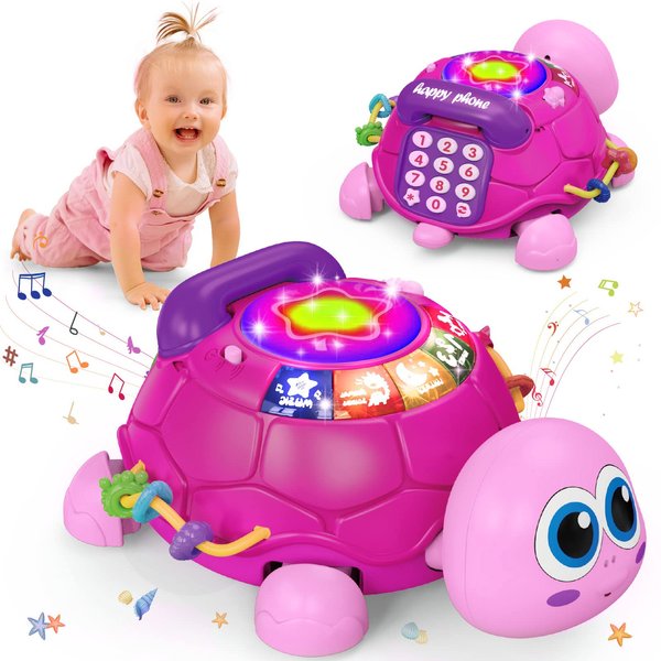 Hanayo Baby Musical Turtle Crawling Baby Girl Toys for 6-18 Months，Infant Early Learning Educational Toy，Baby Girl Gift Essentials for Newborn 7 8 9 11+ Months 1-2 Year Old(Pink)