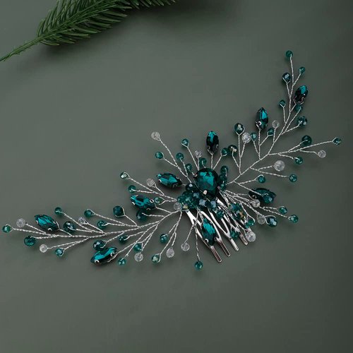 Teyglen Bridal Wedding Gold Silver Dainty Hair Combs Green Rhinestones Crystal Side Hair Comb Flower Crystal Bride Hair Accessories for Women and Girls (Silver Green)