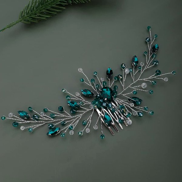 Teyglen Bridal Wedding Gold Silver Dainty Hair Combs Green Rhinestones Crystal Side Hair Comb Flower Crystal Bride Hair Accessories for Women and Girls (Silver Green)