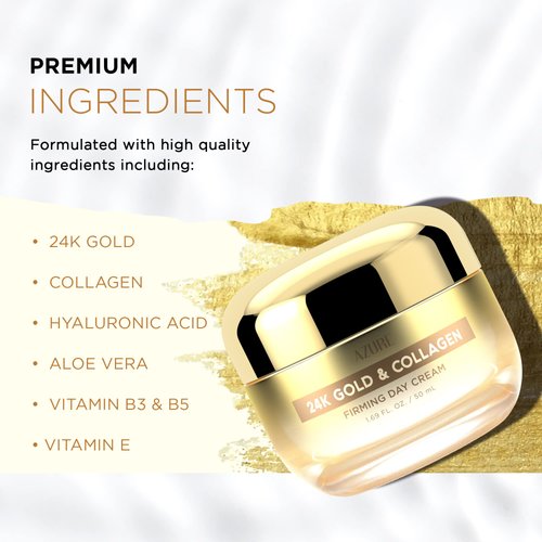 AZURE 24K Gold & Collagen Firming Day Cream - Moisturizing, Illuminating & Lifting | Reduces Wrinkles & Fine Lines | Anti Aging & Toning | Made in Korea - 50mL