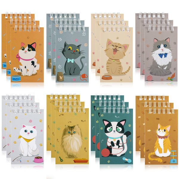 Waenerec 24 Pieces Mini Notebooks Cat Party Favors Cute Pet Cat Spiral Pocket Notepads Animal Cat Themed Birthday Party Supplies for School Teacher Kids Classroom Reward Gift