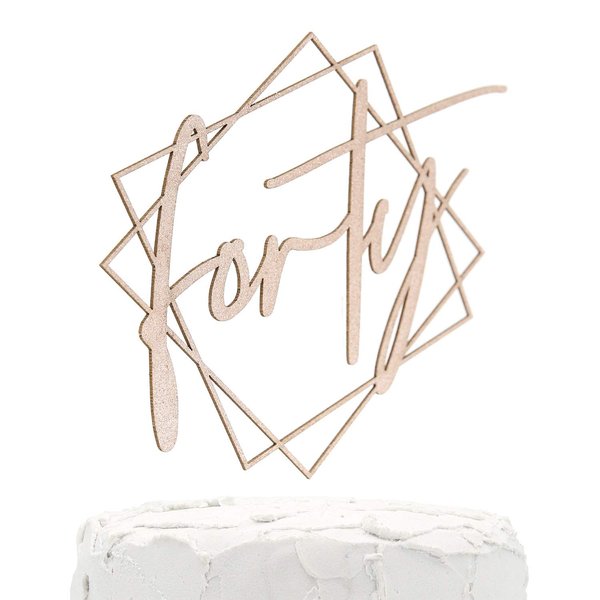 NANASUKO 40th Birthday Cake Topper - forty - with Modern Geometric Frame - Double Sided Rose Gold Glitter - Premium Quality Made in USA