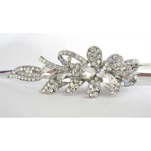 Silver alligator flower and leaf hair claw clip with clear and ab crystals