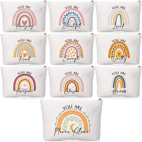 Coume 10 Pcs Rainbow Canvas Makeup Bags Bulk Inspirational Quotes Cosmetic Bags Zipper Personalized Encouragement Travel Pouch Toiletry Bag Women Girls Teacher Friend Birthday Graduation Gifts