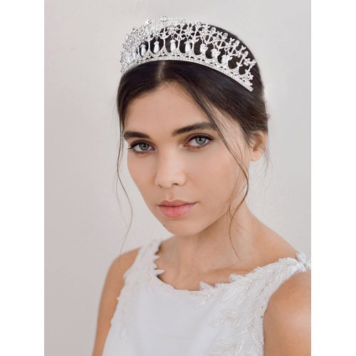 SWEETV Princess Diana Tiara for Women, Silver Pearl Wedding Crown for Bride, Rhinestone Costume Accessories for Birthday Party Prom