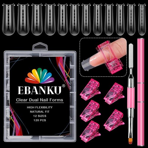 EBANKU Dual Nail Forms Set with 120 Piece Dual Nail Forms Poly gel Coffin Nail Mold, 1Pcs Pink Poly gel Dual-Ended Nails Brush, 5Pcs Pink Dual Form Nail Clips for Acrylic Nails Extension
