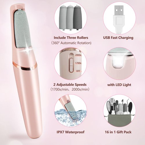 Electric Callus Removers for Feet, Smooth Pedicure Wand Rechargeable Electric Foot Callus Remover Pedicure Kits with16 in 1, Removes Dry Skin for Smoother Feet Ideal Gift, Foot Care(Upgrade Version)