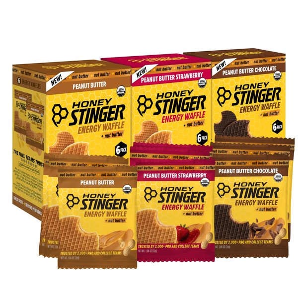Honey Stinger Organic Peanut Butter Energy Waffle Variety Pack, 6 Pack Each of Peanut Butter, PB Chocolate and PB Strawberry, Nutritious Stroopwafel Snack for Exercise, Endurance and Performance