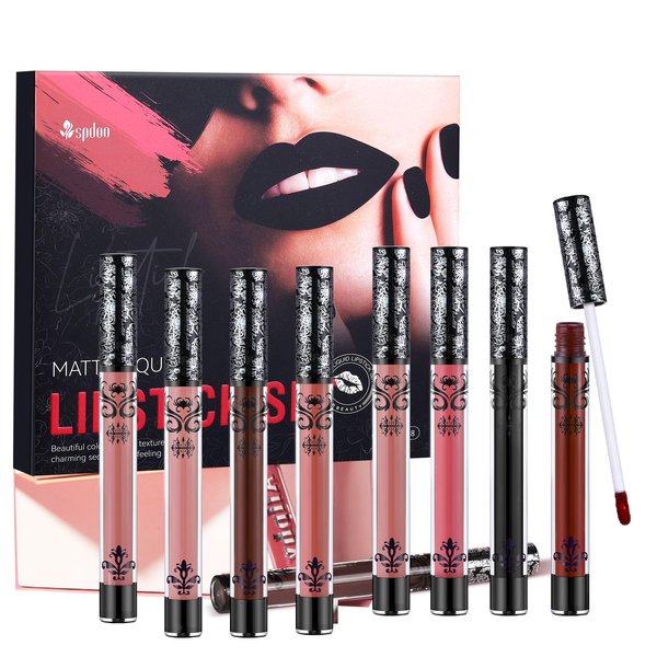 Spdoo 8Pcs Matte Liquid Lipstick Set, Waterproof Long-Lasting Smudge Proof Labiales Mate, Black Matte Lipstick, Gift Sets for Women