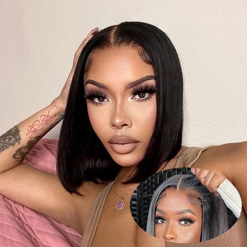 Unvizossa Short Bob Wig Human Hair Glueless Wear and Go Wigs Human Hair 4x4 Lace Closure Human Hair Wigs for Women Pre Cut Lace Natural Color 8 inch