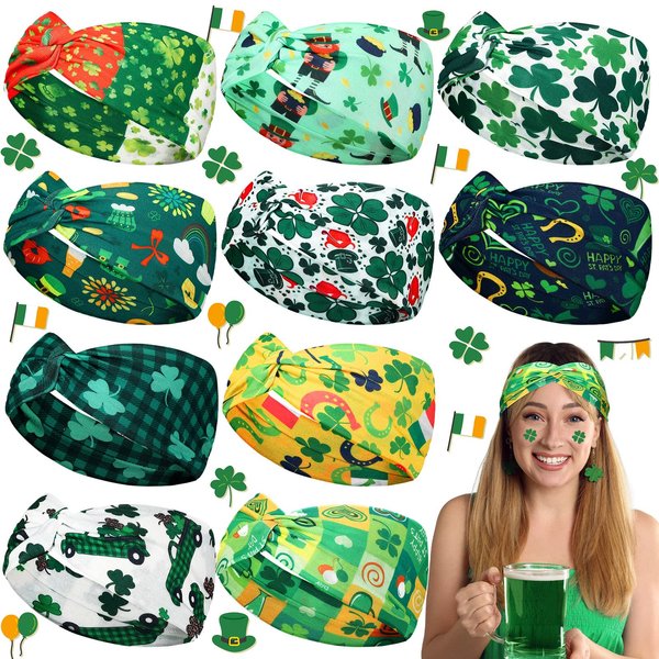 Giegxin 10 Pcs St. Patrick's Day Headband For Woman Green Shamrock Headband Twisted Soft Hair Band Exercise Stretchy Headband Wide Knot Wraps for St. Patrick's Day Costume Cosplay Party(Shamrock)