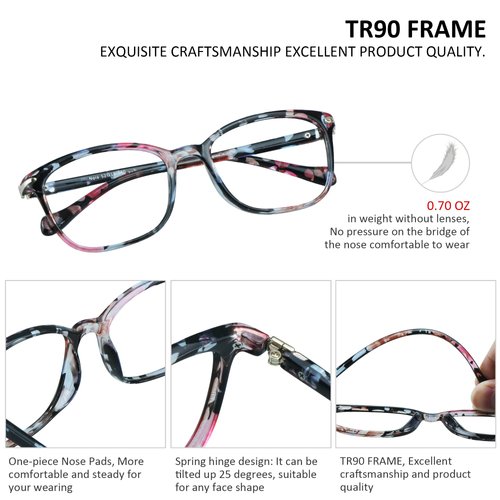 VisionGlobal Blue Light Blocking Glasses for Women, Anti Eyestrain, Computer Reading, TV Glasses, Stylish Square Frame, Anti Glare(+1.50 Magnification)