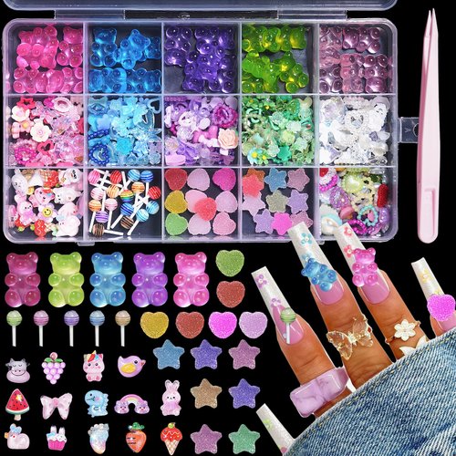 CESUSME 3D Nail Charms Assorted Mix Bear Cartoon Pink Blue White Nail Charms Lollipop Color Flower Butterfly Bowknots Heart Pearls Candy Cute Nail Charms for Nail Art DIY Accessories