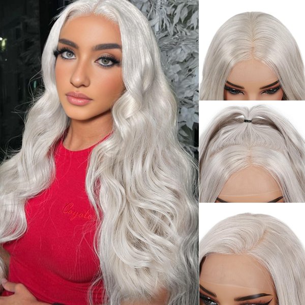 Lady Miranda 26 Inch Silver Lace Front Wig 13×4 Glueless Wig Pre Plucked Synthetic Lace Front Wig for Women HD Lace Ready to Wear Silver Wig Heat Resistant Synthetic Wig