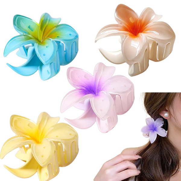 Generic Flower Claw Clip for Women Hair Clip for Thick Hair Strong Hold Nonslip Banana Clip Flower Clips for Hair Beach Accessories for Women Teen Girls Hairpins Decor 4PCS, Yellow Red Blue Purple