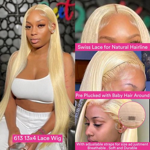 18Inch 613 Blonde Lace Front Wig Human Hair 13x4 Lace Frontal Straight Wigs Human Hair Pre Plucked with Baby Hair 150% Density Transparent Lace Frontal Straight Wigs for Woman with Natural Line