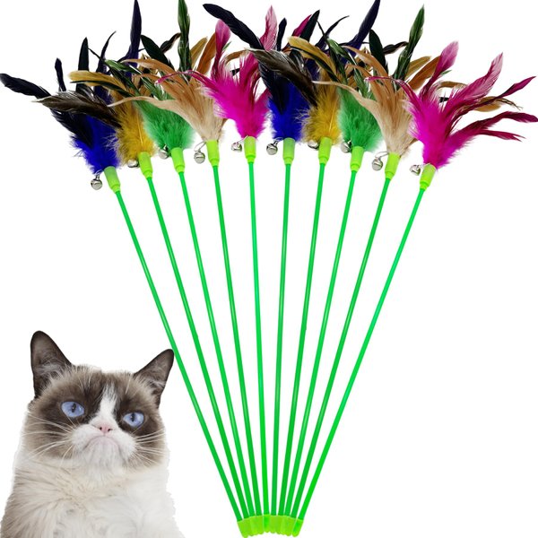 CATENEED Cat Wand Toy Cat Feather Toys, 10 Pieces Feather Stick Cat Toys, Interactive Feathers Wand Cat Toy for Indoor Cats Play