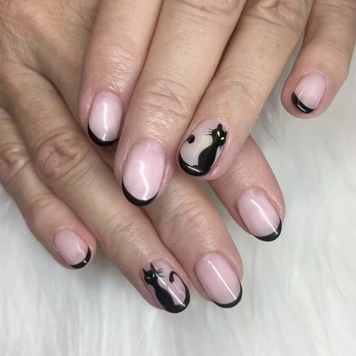 24Pcs Halloween Press on Nails Black Cat Acrylic False Nails Short Almond Cat Fake Nails Gel Glue on Nails Glossy Black French Tips Full Cover Stick on Black Cat False Nails for Coquette Women Girls