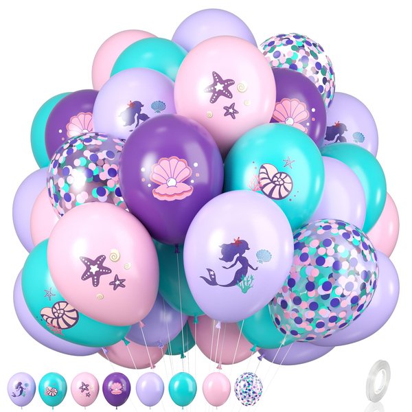 Mermaid Party Balloons, Mermaid Purple Pink Teal Balloon with conch shell starfish Print Balloons Mermaid Confetti Balloon for Under the Sea Theme Birthday Kids Girls Princess Party Supplies