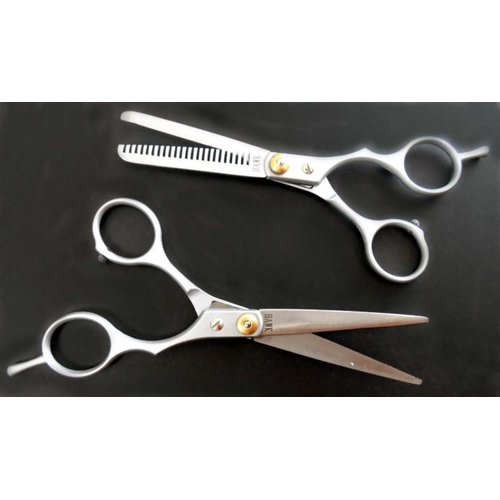 KUTZ 5" (12.7 cm) Barber Scissors & Thinning Shears Set | Stainless Steel Tools | Brass Tension Control | Compact 8.75" (22.2 cm) x 3.75" (9.5 cm) Carrying Case with Extra Storage