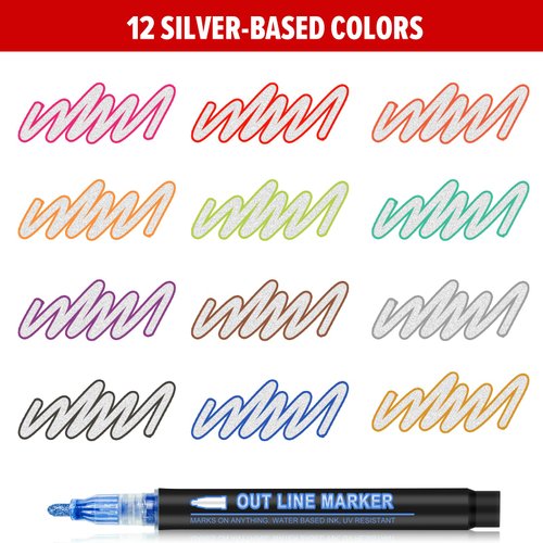 Banral Double Line Outline Markers, 12 Colors Super Squiggles Shimmer Outline Marker Set, Self Outline Metallic Glitter Doodle Drawing Markers Pens for Christmas Greeting Card Making, DIY Art Crafts