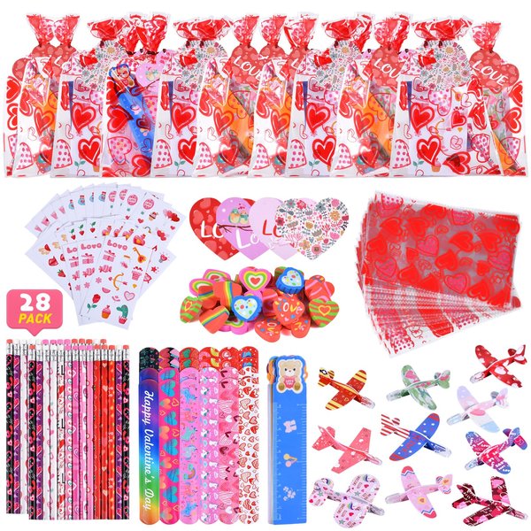 Valentines Day Gifts for Kids, 224 Pcs Valentines Day Party Favors for Kids School Classroom Exchange, 28 Pack Valentines Day Goodie Bags Stuffers with Cards Slap Bracelet Foam Airplane Pencil Eraser