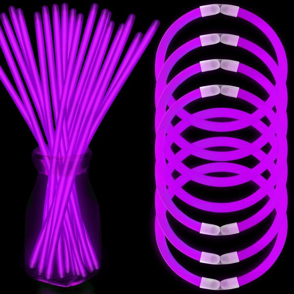 NUDALA 100 Purple Glow Sticks Bulk Glow In The Dark Party 8” Light Stick Bracelet Necklaces with 100 Connectors Light Up Toys for Christmas ,New Years ,Easter, Birthday Carnival