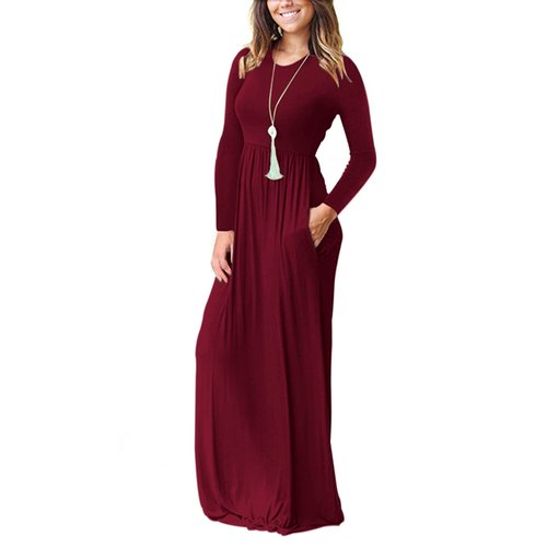 AUSELILY Women's Long Sleeve Casual Loose Pocket Maxi Party Long Dresses for Women (M, Wine Red)