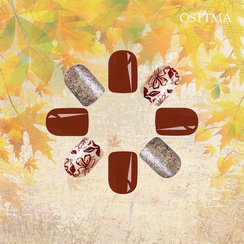 Autumn Press on Nails Short Square Fall Flower Fake Nails Brown Solid Color Glitter False Nails with Designs Full Cover Floral Glue on Nails Reusable Stick on Nails for Women DIY Fall Nails Art,24Pcs