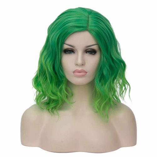 BUFASHION 14" Women Short Ombre Green Kinky Straight Cosplay Synthetic Wigs With Air Bangs 46 Colors Available (Ombre Green 2)