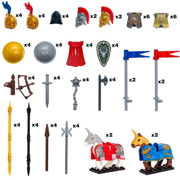 Taken All Custom Medieval Knight Weapons Pack Accessories kit Armor Helmet Shield Horses Bow Arrow for Kids Toys Tight Fit with Major Brands