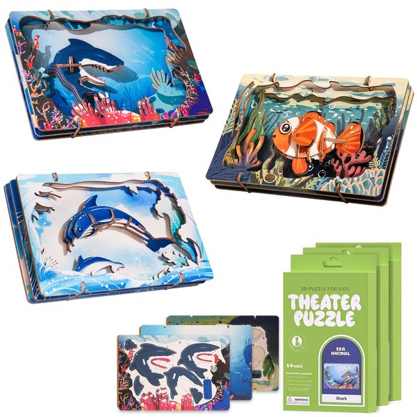 ELX Wooden 3D Puzzles for Kids 6+, 3 PCS Colorful Sharks, Clownfish & Dolphins with Ocean Scene Wooden Models, Wood Building Kits DIY Wooden Crafts Stem Toys
